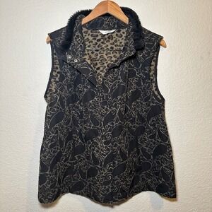 Cj Banks Womens XL Vest Faux Fur Collar Leopard Fleece Lined Button Paisley Y2K